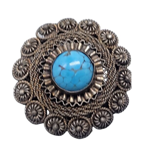 Faux Turquoise Silver Plated Brooch Pendant Blue Glass Filigree Setting Vintage - Picture 2 of 16